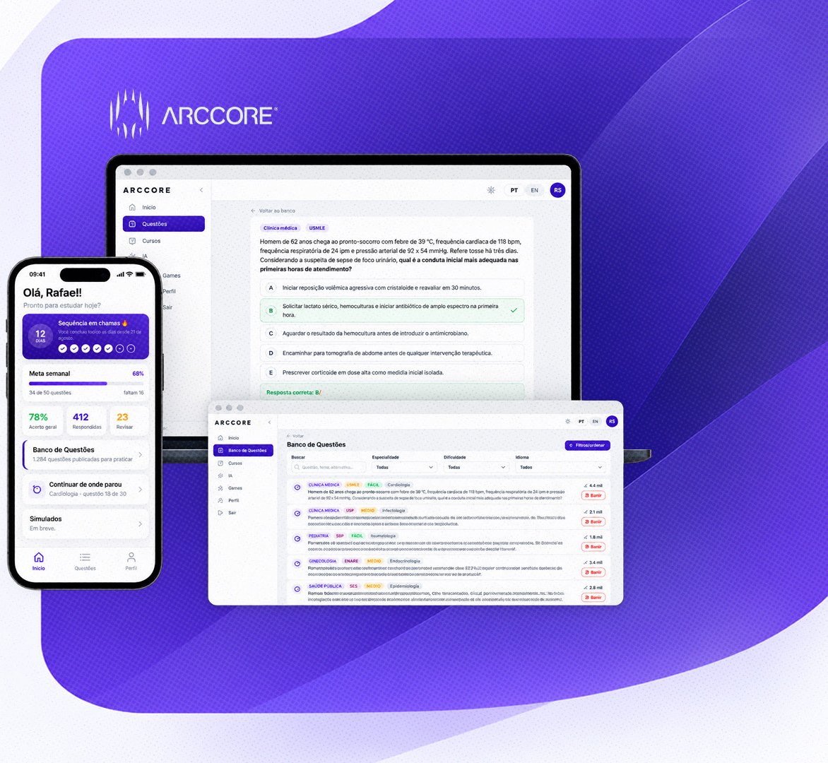 Telas do Arccore no computador e no celular