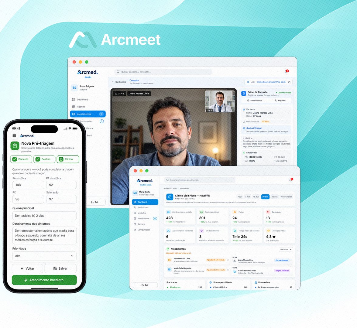Telas do Arcmeet no computador e no celular