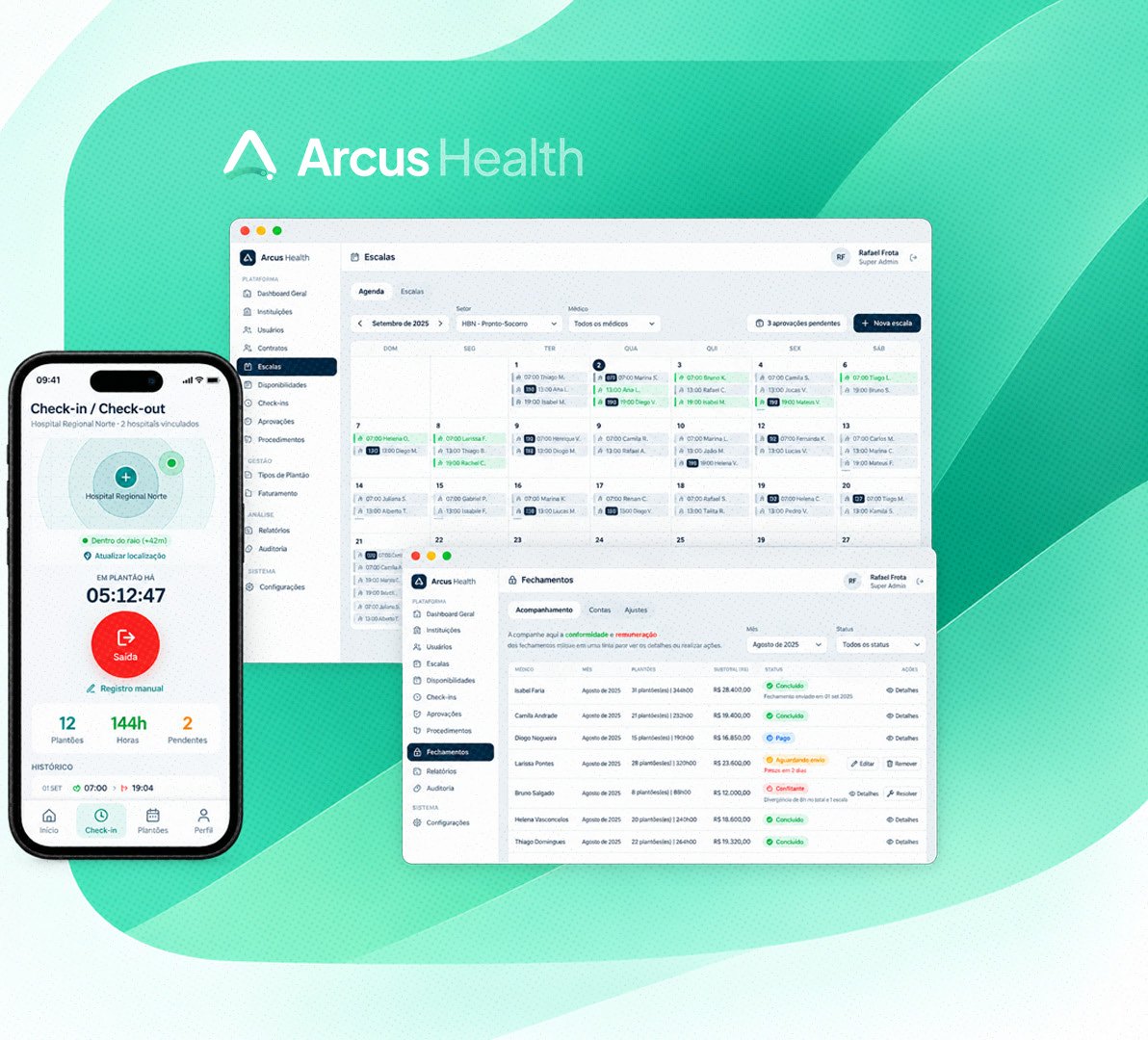 Telas do Arcus Health no computador e no celular